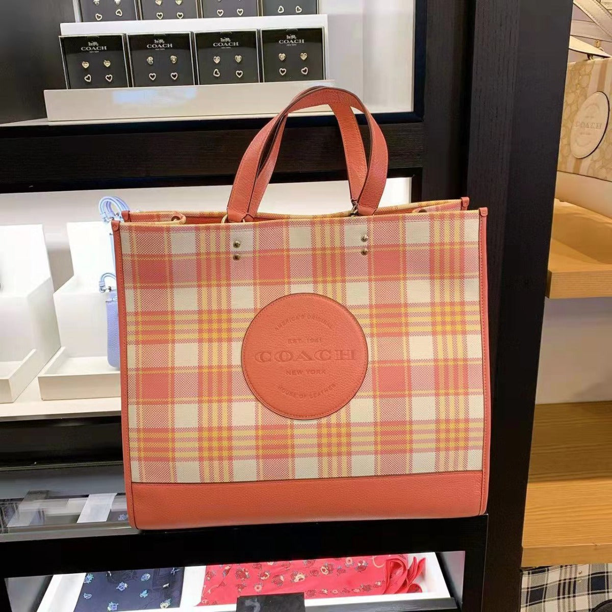 Coach C8200 Dempsey Tote 40 With Garden Plaid Print And Coach Patch In Gold/Taffy Multi Coach C8200 Dempsey Tote 40 With Garden Plaid Print And Coach Patch In Gold/Taffy Multi